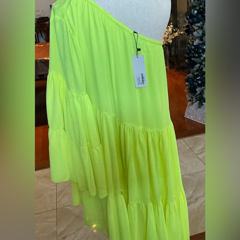 One-Shoulder Yellow/Chartreuse Ruffle Dress - Picture 2 of 6
